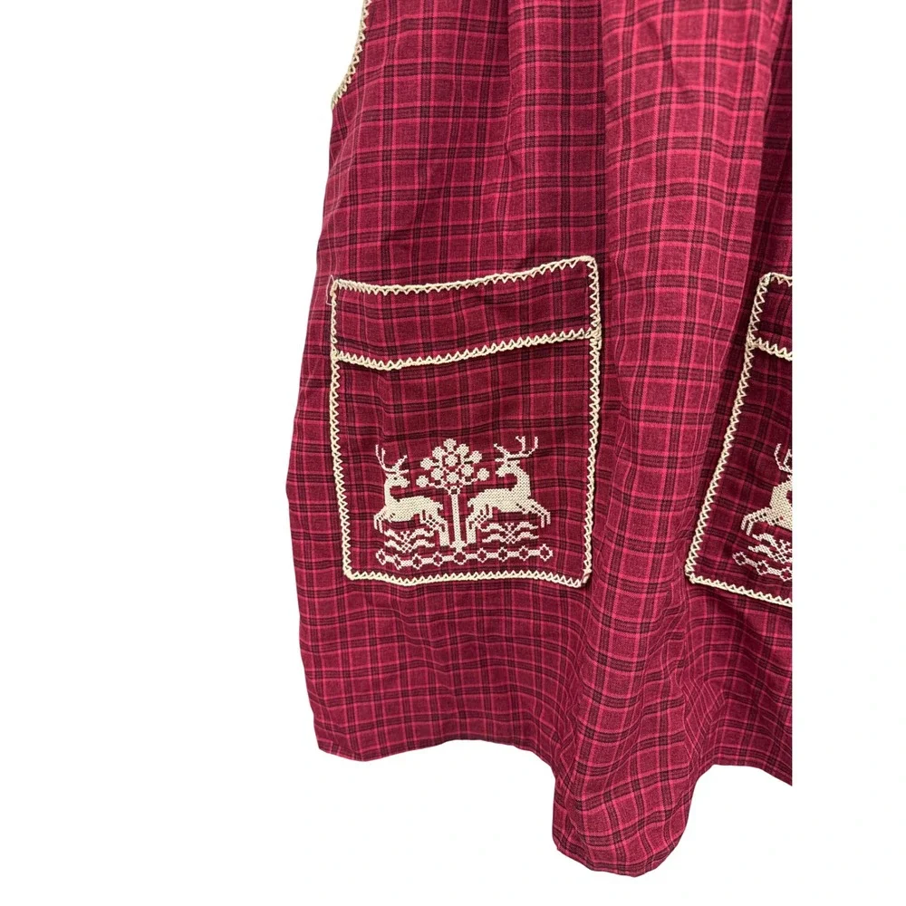 Handmade Plaid Reindeer Cross Stitch Pinafore Apron Red Black Folk Art Pockets